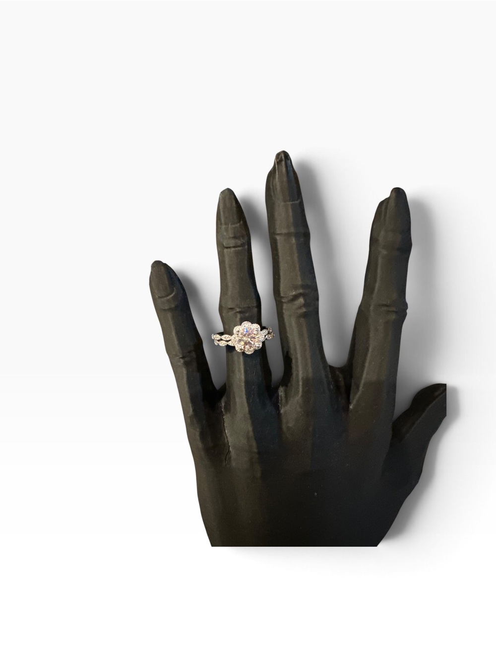 Moissanite Floral Halo Ring Round Brilliant Leaf Band Silver Tone